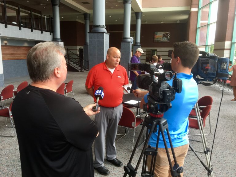 Jared Bratcher speaks to the media about the Pete Rose event.